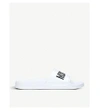 Moschino Embossed Logo Pool Slides In White/blk