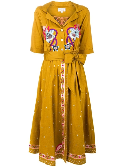 Temperley London Divine Floral-embroidered Tie-waist Cotton Dress In Brown