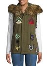 BAGATELLE Faux Fur-Trim Embroidered Patch Cotton Vest,0400096343021