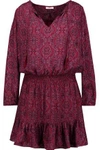 JOIE WOMAN KLEEIA TASSELED PRINTED WASHED-SILK MINI DRESS BURGUNDY,US 1914431941018501