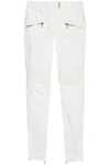 BALMAIN WOMAN MOTO-STYLE COTTON-BLEND SKINNY PANTS WHITE,US 4772211931766409