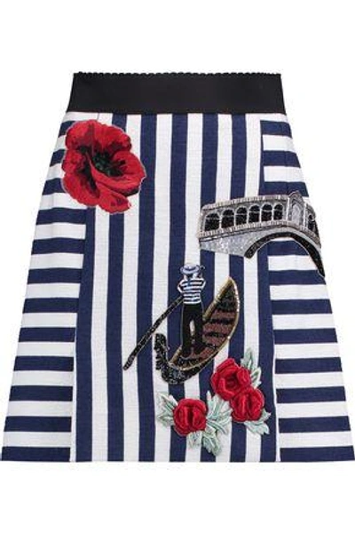 Dolce & Gabbana Appliquéd Striped Stretch-cotton Mini Skirt In Blue