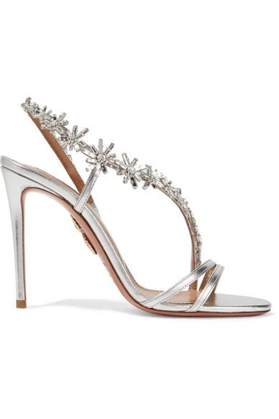 Aquazzura Chateau Crystal-embellished Metallic Leather Sandals In Silver