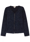 ARMANI COLLEZIONI NAVY METALLIC-WEAVE WOOL BLEND CARDIGAN