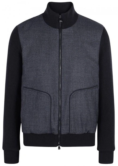 Corneliani Ribbed And Wool Blend Bomber Jacket In Navy