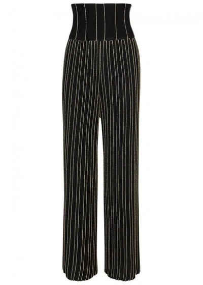 Balmain Striped Wide-leg Stretch-knit Trousers In Black