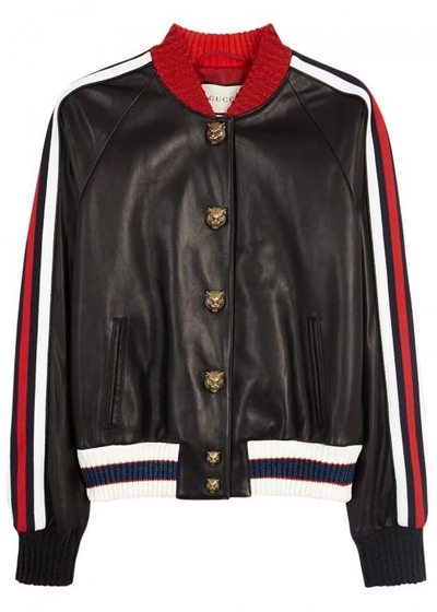 Gucci Embroidered Leather Bomber, Black