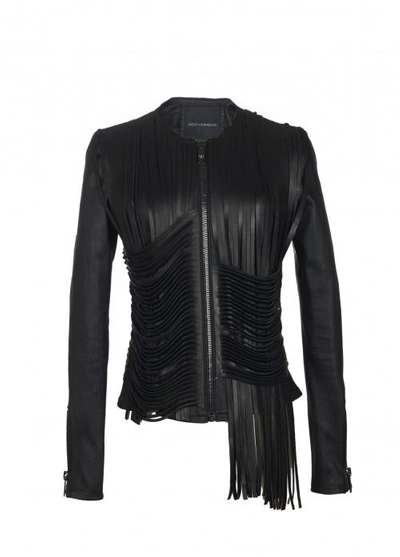 Nour Hammour Fringed Zip-front Leather Jacket In Black