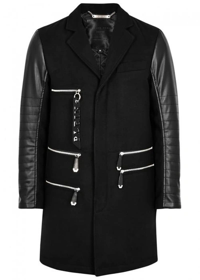Philipp Plein Black Faux Leather And Felt Coat
