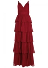 ALICE AND OLIVIA GIANNA BORDEAUX TIERED SILK CHIFFON GOWN