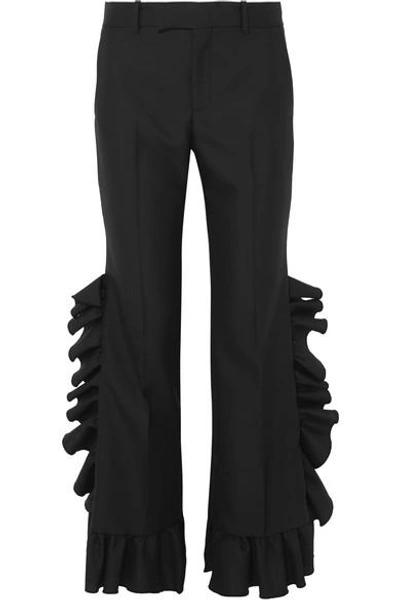 Gucci Ladies Black Ruffled Wide High-rise Wool And Mohair-blend Trousers In Nero