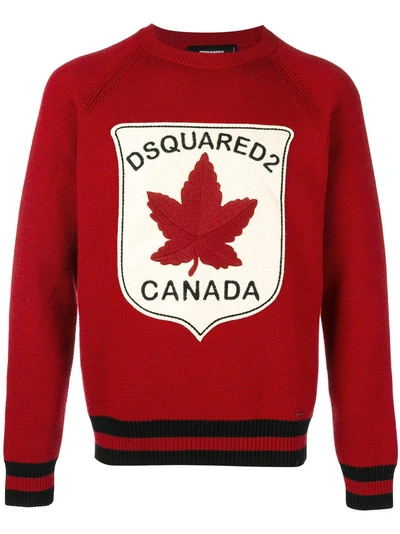 Dsquared2 Striped Wool Knit Sweater W/ Patch In Red