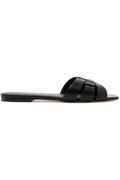 Saint Laurent Nu Pieds Woven Leather Slides In Black