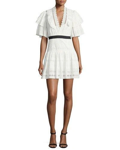 Self-portrait Broderie Anglaise Striped Cotton Cocktail Dress In White