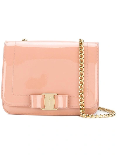 Ferragamo Vara Patent Leather Shoulder Bag In Pink Beige (pink)