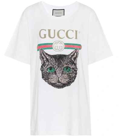 Gucci Sequined Cat & Logo Print Jersey T-shirt In Ivory