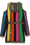 BALMAIN WOMAN COLD-SHOULDER EMBELLIESHED CROCHET-KNIT MINI DRESS MULTICOLOR,US 4772211931782165