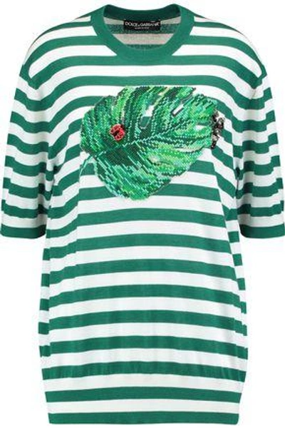 Dolce & Gabbana Striped Embroidery Cashmere &amp; Silk Jumper In White Green