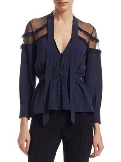 Cinq À Sept Peyton Pussy-bow Point D'esprit-paneled Silk Blouse In Navy