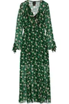 ANNA SUI WOMAN RUFFLE-TRIMMED FLORAL-PRINT SILK-GEORGETTE WRAP DRESS LEAF GREEN,US 1071994536866346