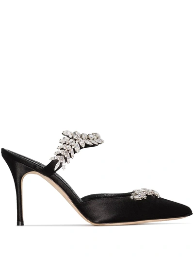 Manolo Blahnik Lurum 90mm Crystal- Embellished Satin Mules In Black
