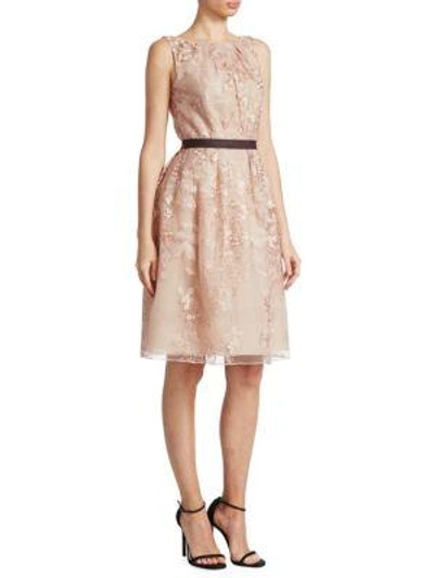 J Mendel Floral Lace Belted A-line Dress In Blush
