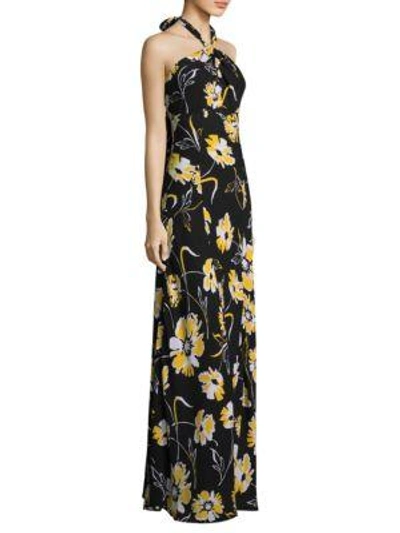 Michael Kors Floral-print Halter-neck Georgette Column Gown In Lemon