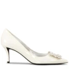 Roger Vivier Flower Faux Pearl-embellished Iridescent Patent-leather Pumps In White