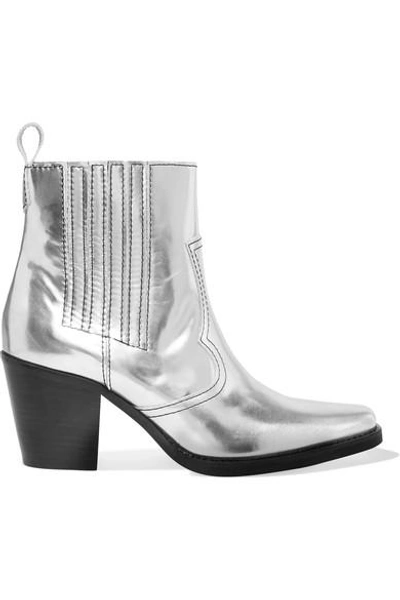 Ganni Callie Metallic Leather Ankle Boots In Silver