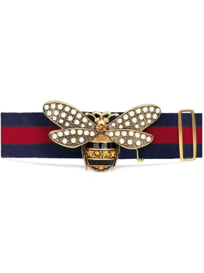 Gucci Embellished Bee Clasp Web Stripe Belt In Red