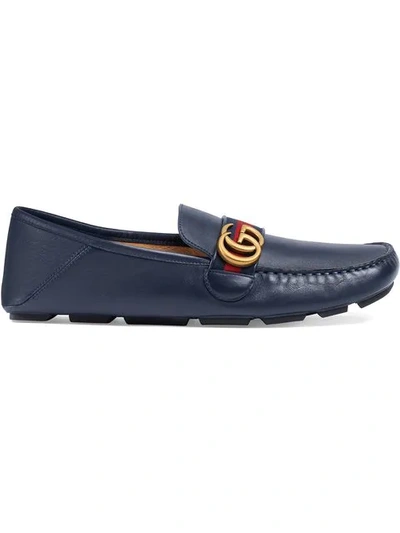 Gucci Mens Navy Driver Logo-embellished Leather Loafers 5