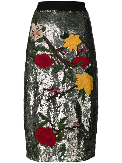 Alice And Olivia Ella Embellished Sequin Straight Midi Skirt In Silver