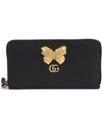 Gucci Butterfly Zip Around Leather Wallet In Black