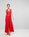 AIJEK AIJEK MAXI DRESS IN SCALLOP LACE WITH FRONT SLIT-RED,DO636