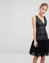 AIJEK MIDI DRESS IN SCALLOP LACE WITH PEPLUM HEM-BLACK,DO658