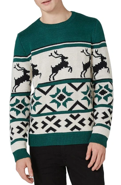 Topman Fair Isle Reindeer Sweater In Green Multi | ModeSens