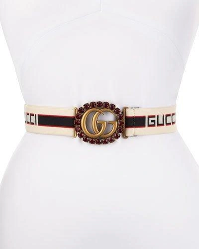 Gucci Elastic Stripe Belt W/ Double G Crystal Buckle In Multicolor