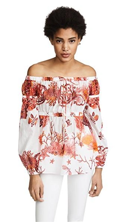 Roberto Cavalli Off-the-shoulder Cotton-blend Top In Coral
