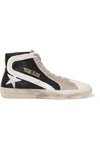 GOLDEN GOOSE SLIDE GLITTERED DISTRESSED SUEDE HIGH-TOP SNEAKERS