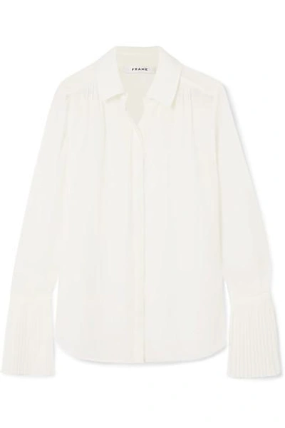 Frame Button-front Pintucked-cuffs Chiffon Blouse In Off White
