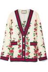 GUCCI GROSGRAIN-TRIMMED FLORAL-PRINT SILK-SATIN CARDIGAN