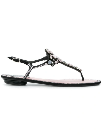 René Caovilla Embellished Leather Flat Sandal In Black