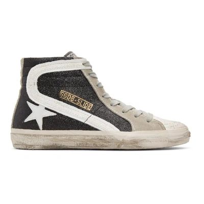 Golden Goose Slide Glittered Distressed Suede High-top Trainers In Black