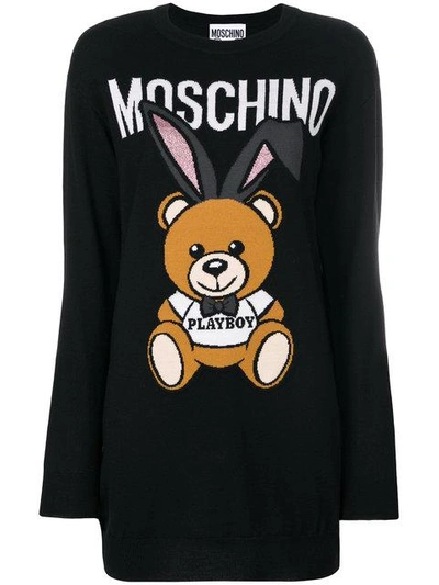 Moschino Playboy Bear Wool Intarsia Sweater In Black