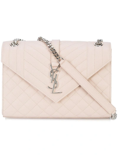 Saint Laurent Medium Tri-quilted Matelasse Grain De Poudre Flap Shoulder Bag, Silvertone Hardware In Marble Pink