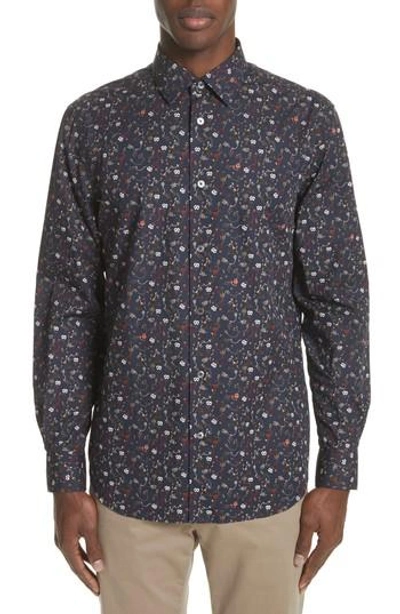 Paul Smith Hand-drawn Floral Slim Fit Dress Shirt In Navy Multi