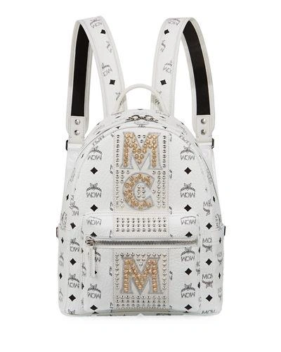 Mcm Small Dual Stark Embellished Backpack In White