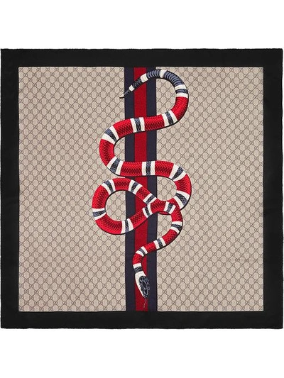 Gucci Web And Kingsnake Print Gg Silk Scarf In Beige