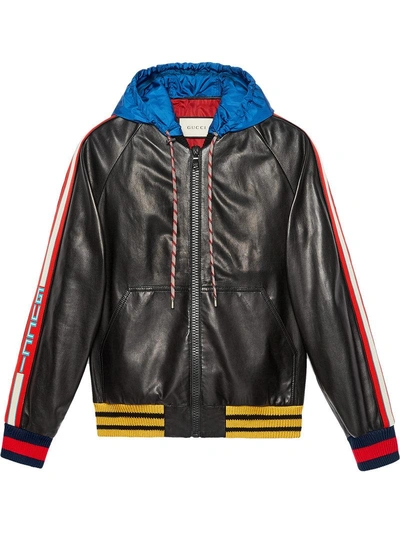 Gucci Contrast Hood Leather Bomber Jacket In Blue
