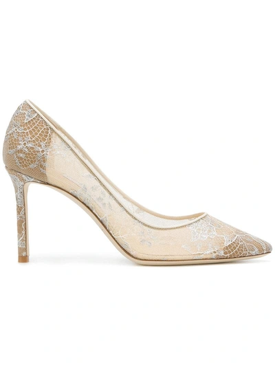 Jimmy Choo Romy 85 White Lace Pointy Toe Pumps In Ivory Lace